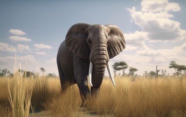 Fototapeta premium An elephant walks through a field with trees savannah in background african wildlife Generative AI