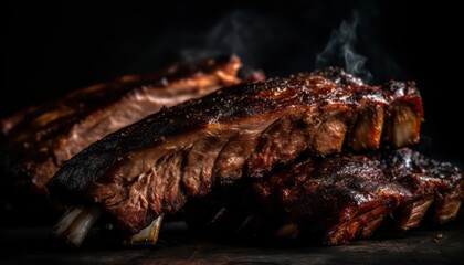 BBQ smoked ribs with a dark background. Generative AI