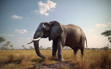 Obraz na płótnie Canvas An elephant walks through a field with trees savannah in background african wildlife Generative AI