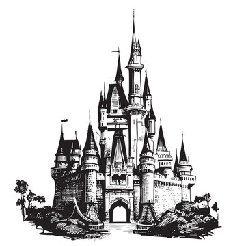 Fairy tale castle hand drawn sketch llustration