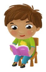cartoon child kid boy pupil reading books learning childhood illustration