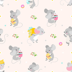 Cute mouse seamless pattern. Baby fabric print with cartoon funny mice. Various rats, decorative childish creatures nowaday vector background