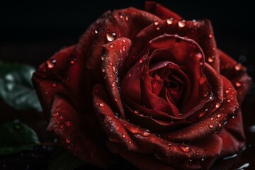 A detailed view of a wet red rose. Generative AI