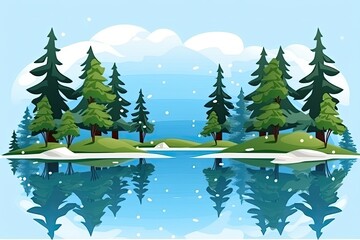 serene winter landscape with a frozen lake and snow-capped trees. Generative AI