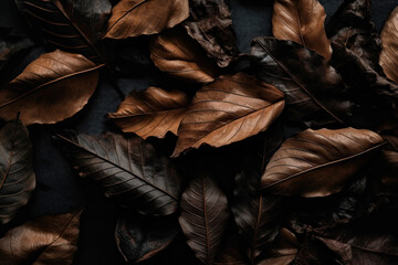 Dried dark brown leaves on black floor created with Generative AI