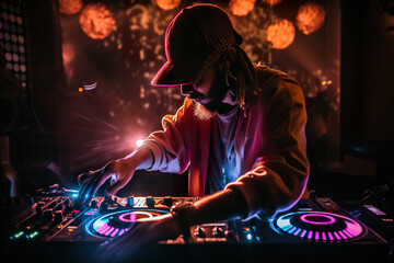 Fototapeta na wymiar Bright dynamic illustration of DJ in a nightclub in orange and turquoise colored light, AI generative illustration