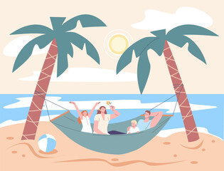 People on beach in hammock. Happy family vacations, cute parents and children holidays. Summer travel, rest on sea or ocean, kicky vector concept