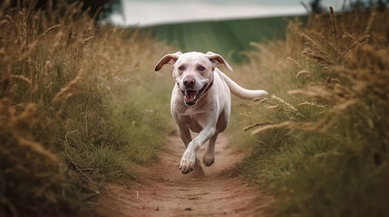 Naklejka na ściany i meble Generative Ai image of a labrador retriever running down a path