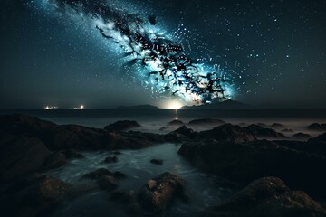 A stunning night seascape with sparkling starry sky, perfect as a background wallpaper. Generative AI