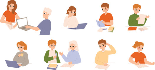 University or college students study at desk. Cartoon teenagers prepare exam, doing home work. Friend studying together, snugly vector characters