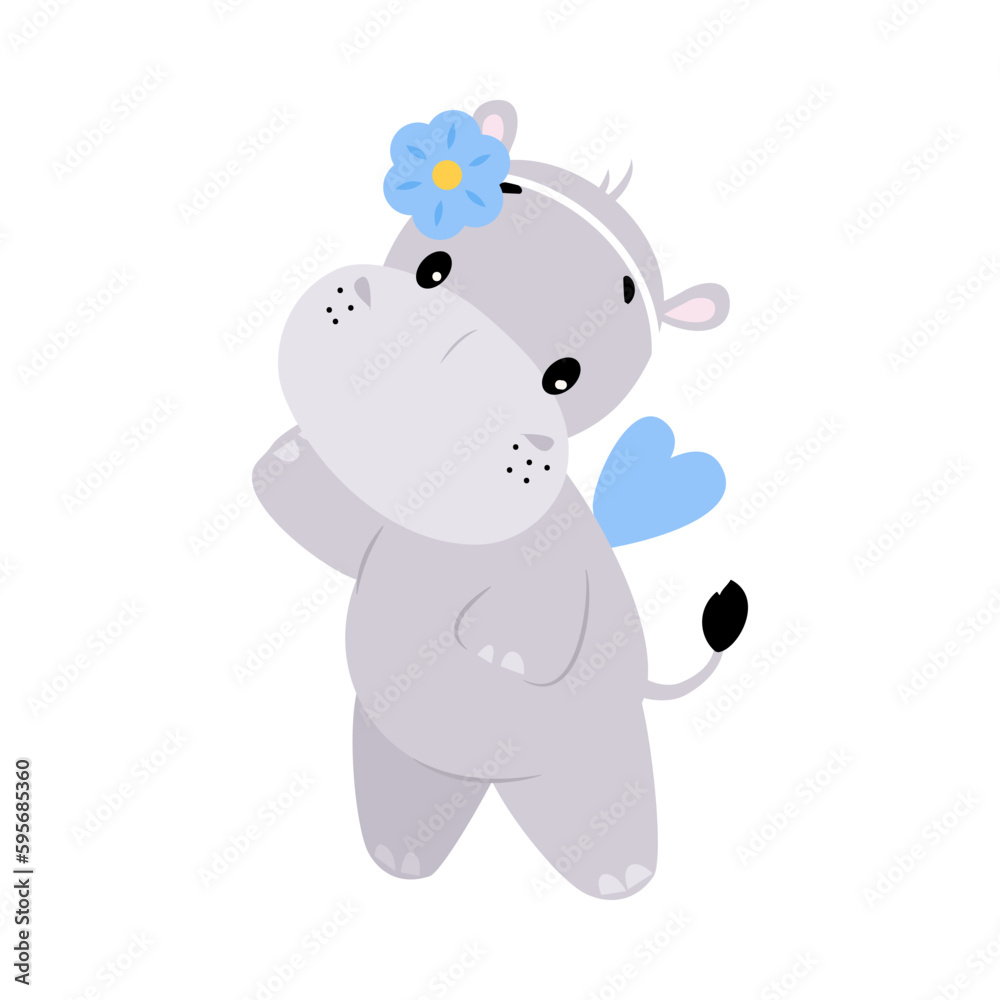 Wall mural Cute Hippo Character with Blue Flower on Head Vector Illustration