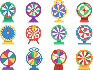 Casino roulette icons. Flat wheels gaming, spin lucky wheel isolated elements. Online gambling symbols, decent vector graphic lucky signs - obrazy, fototapety, plakaty