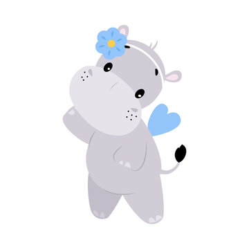 Cute Hippo Character with Blue Flower on Head Vector Illustration