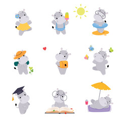 Cute Hippo Character Engaged in Different Activity Vector Set
