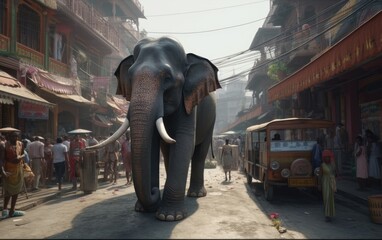 Fototapeta na wymiar An elephant walking on an Indian city elephant wallpaper Generative AI