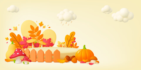 Yellow autumn 3d banner, acorns and mushrooms. Empty podiums and vibrant leaves, thanksgiving or harvest background. Minimal pithy vector template