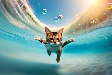 pływający kot - obrazy, fototapety, plakaty