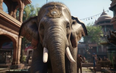 Fototapeta premium An elephant walking on an Indian city elephant wallpaper Generative AI