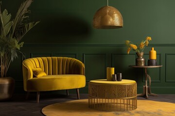 cozy living room with green walls and a pop of yellow in the form of a statement chair. Generative AI