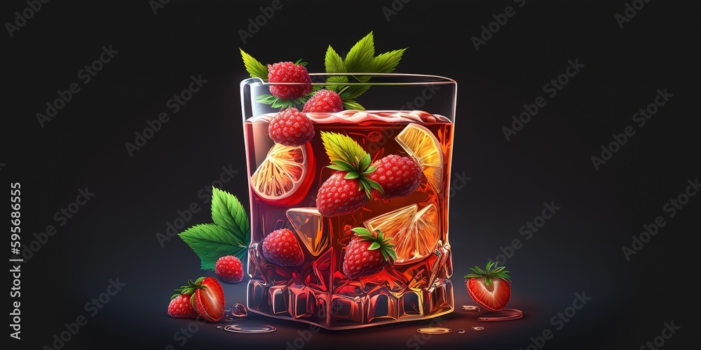 Wall mural fruit drink juice cocktail with a strawberry garnish and ice cubes in the foreground. generative ai