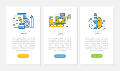 Hobby Landing Page with Writing, Photography and Sport Activity Vector Template