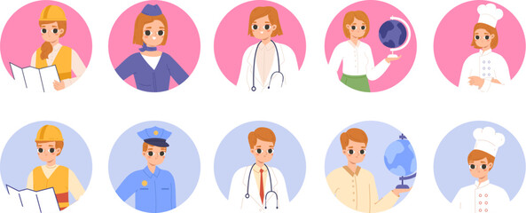 Professional cartoon avatars. Cute students and young workers, teacher, constructor and doctors. Male female professionals vector set