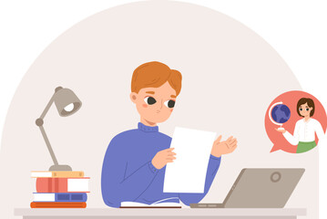 Video lesson with teacher. Home education, remote study. Young student with laptop and books learning with professor. Vector studying concept