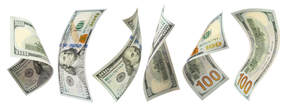 Set of flying 100 dollars banknotes, cut out - Powered by Adobe