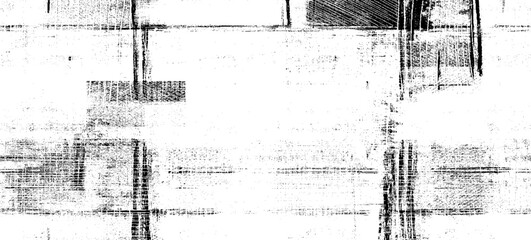 Obraz premium Monochrome texture composed of irregular graphic elements. Distressed uneven grunge background. Abstract vector illustration. Overlay for interesting effect and depth. Isolated on white background.