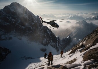 Mountain Rescue at snow. Helicopter Evacuates Hikers in Danger. Generative AI. - obrazy, fototapety, plakaty