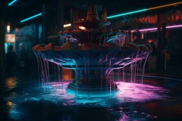 Fototapeta na wymiar A digital artwork of a neon fountain with colorful illuminations in its water. Generative AI