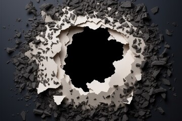black wall with a hole and rubble inside. Generative AI