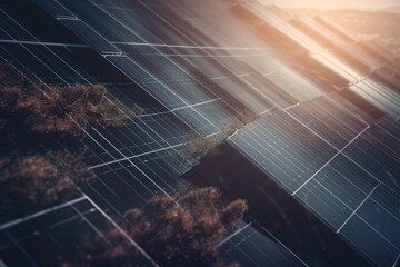 Illustration with solar panels against graph of growing investments. Generative AI