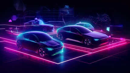 Obraz na płótnie Canvas Futuristic illustration showcasing the potential of connected cars, with IoT and smart technologies, neon, AI generative digital illustration