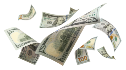 Flying 100 American dollars banknotes, cut out