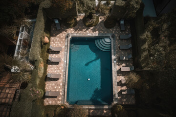 Empty swimming pool. Modern pool top view. Summer vacation in luxury resorts concept. Generative AI