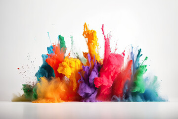 Colorful rainbow holi paint color powder explosion on white background. Generative AI