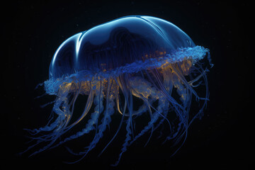 Jellyfishes swimming in the sea. Beautiful illuminated jellyfish. Generative AI