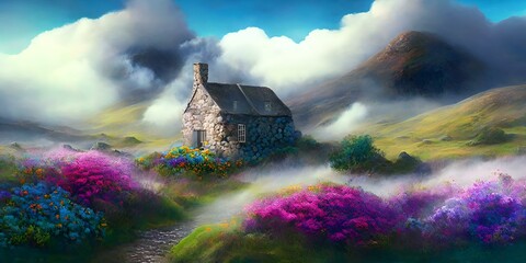 A stone house in the mountains, landscape with clouds