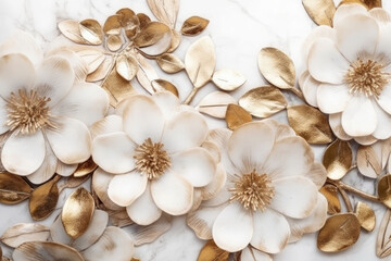 Fototapeta na wymiar The marble texture in white and gold colors with golden flowers. Luxurious design wallpaper. Generative AI