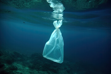 Plastic waste underwater, a plastic bag in the sea. Pollution concept. Generative AI