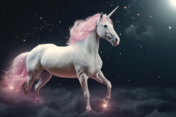 Obraz na płótnie Canvas The unicorn with a pink mane and tail in a magical space. Generative AI