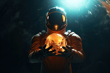 An astronaut holds a glowing ball in his hands. Mysterious background. Generative AI - obrazy, fototapety, plakaty