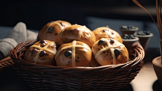 A basket of hot cross buns with raisins and currants UK. Hot cross bun day concept. Generative AI - Powered by Adobe
