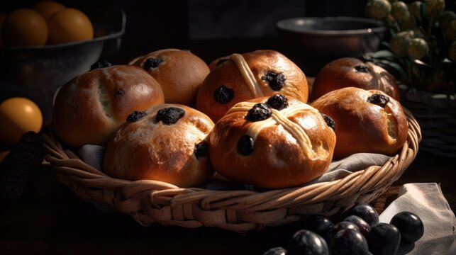 A basket of hot cross buns with raisins and currants UK. Hot cross bun day concept. Generative AI
