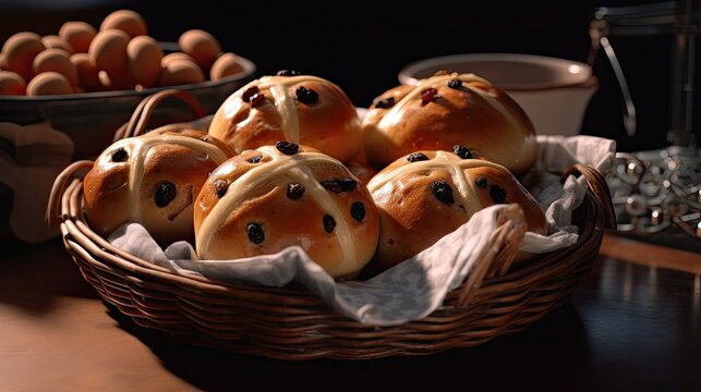 A basket of hot cross buns with raisins and currants UK. Generative AI - Powered by Adobe