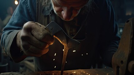 A craftsman hammering hot metal into shape at a blacksmith warehouse. Generative AI