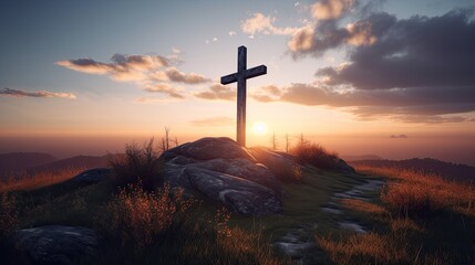 A  cross on the sunset hill. Christianity Concept. Generative AI