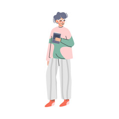 Young woman in comfy home clothes standing with book. Girl in cozy outfit or nightwear and glasses cartoon vector illustration