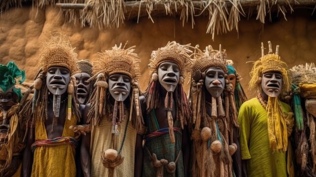 A group of men and women from the Dogon tribe in traditional clothing and masks. Generative AI